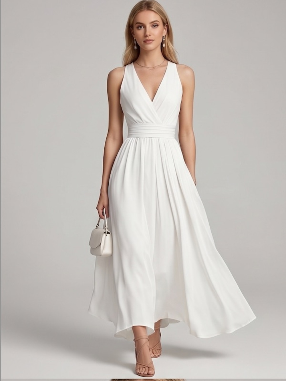 White V-Neck Smocked Back Maxi Dress - Picture 1 of 5